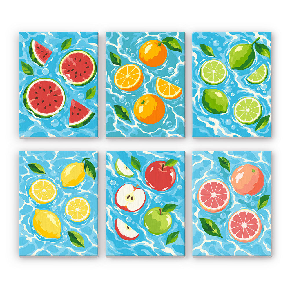 Fruit Splash mini paint by numbers set: six designs of watermelon, oranges, limes, lemons, apples and grapefruit floating in blue water