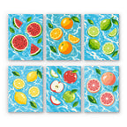 Fruit Splash mini paint by numbers set: six designs of watermelon, oranges, limes, lemons, apples and grapefruit floating in blue water