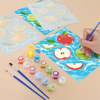 Filling in a Fruit Splash mini canvas with numbered acrylic paints and a fine brush