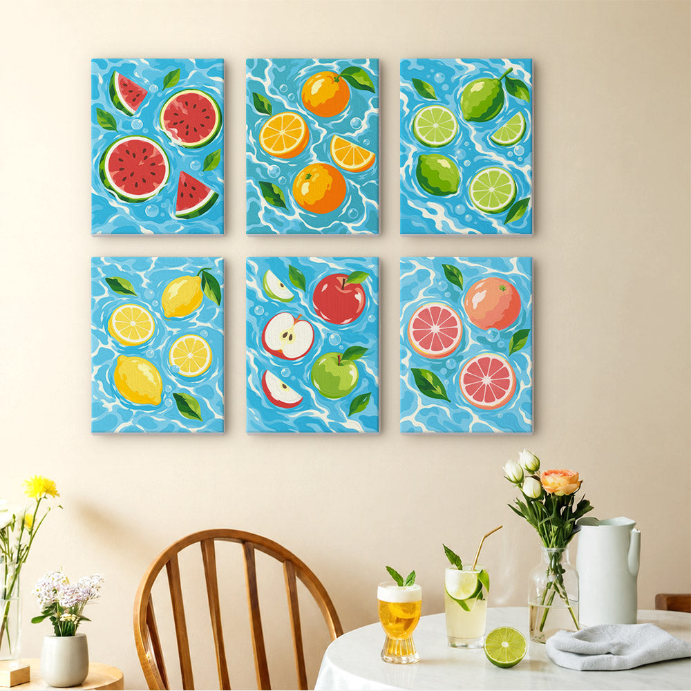 Fruit Splash mini paintings displayed as a gallery wall in a sunny kitchen