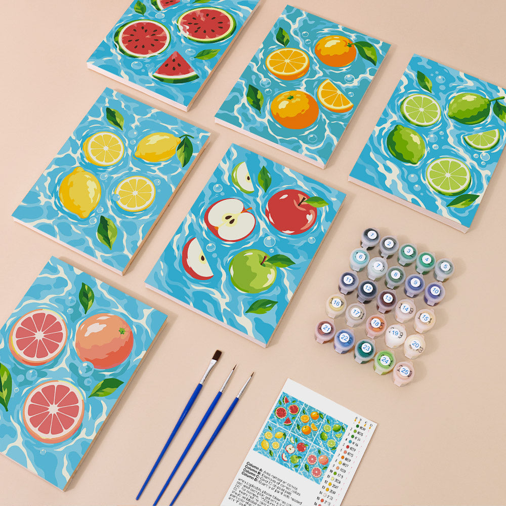 Fruit Splash mini paint by numbers kit with six numbered canvases, acrylic paints, brushes and layout