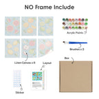 What's included without a frame: six rolled Fruit Splash mini canvases, acrylic paints, three brushes and layout