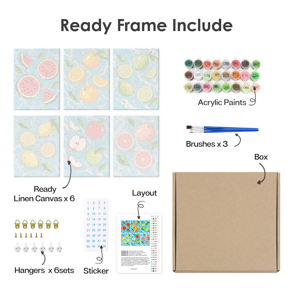 What's included pre-stretched on frame: six framed Fruit Splash mini canvases, paints, three brushes, hangers and layout