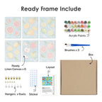 What's included pre-stretched on frame: six framed Fruit Splash mini canvases, paints, three brushes, hangers and layout