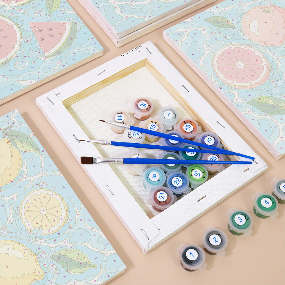 Numbered paint pots and brushes on a pre-stretched Fruit Splash mini canvas