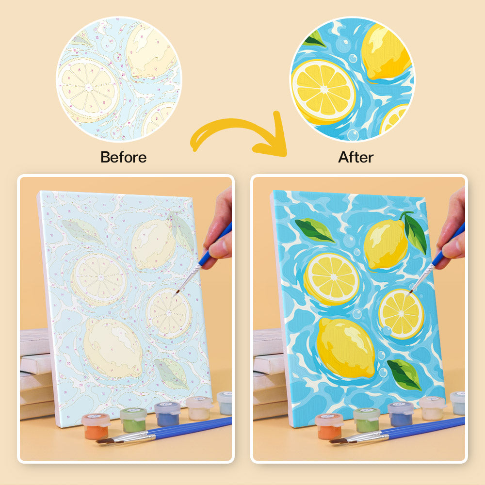 Before and after of a Fruit Splash mini paint by numbers canvas