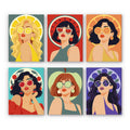 Fruity Shades mini paint by numbers set: six pop-art women wearing fruit sunglasses with lemon, watermelon, orange, cherry, apple and blueberry halos