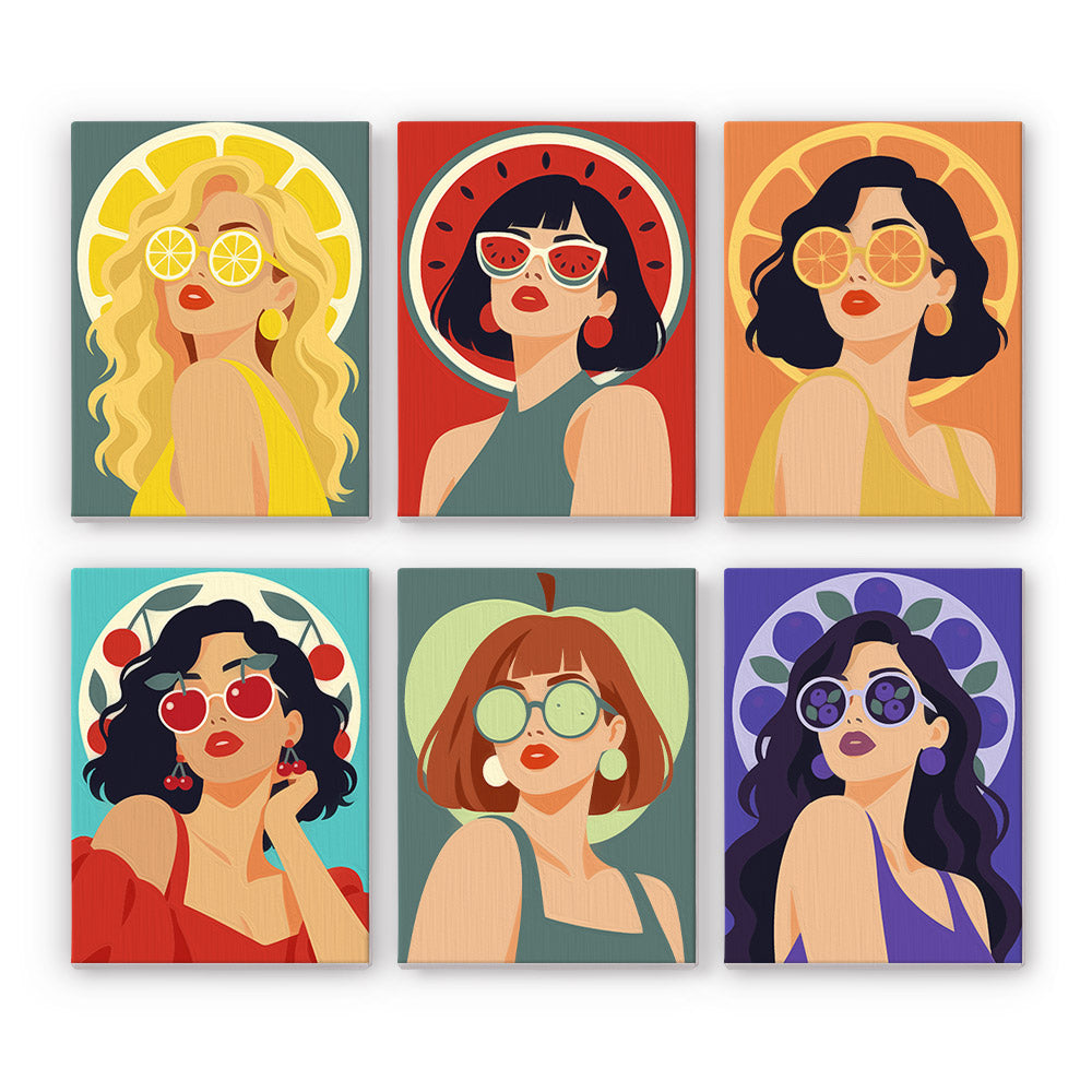 Fruity Shades mini paint by numbers set: six pop-art women wearing fruit sunglasses with lemon, watermelon, orange, cherry, apple and blueberry halos