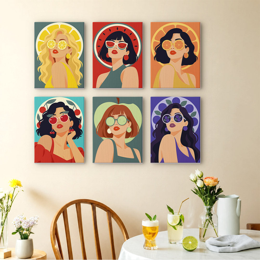 Fruity Shades mini paintings displayed as a gallery wall in a sunny kitchen