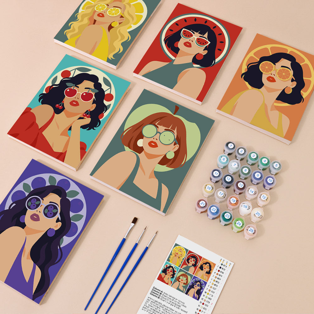 Fruity Shades mini paint by numbers kit with six numbered canvases, acrylic paints, brushes and layout
