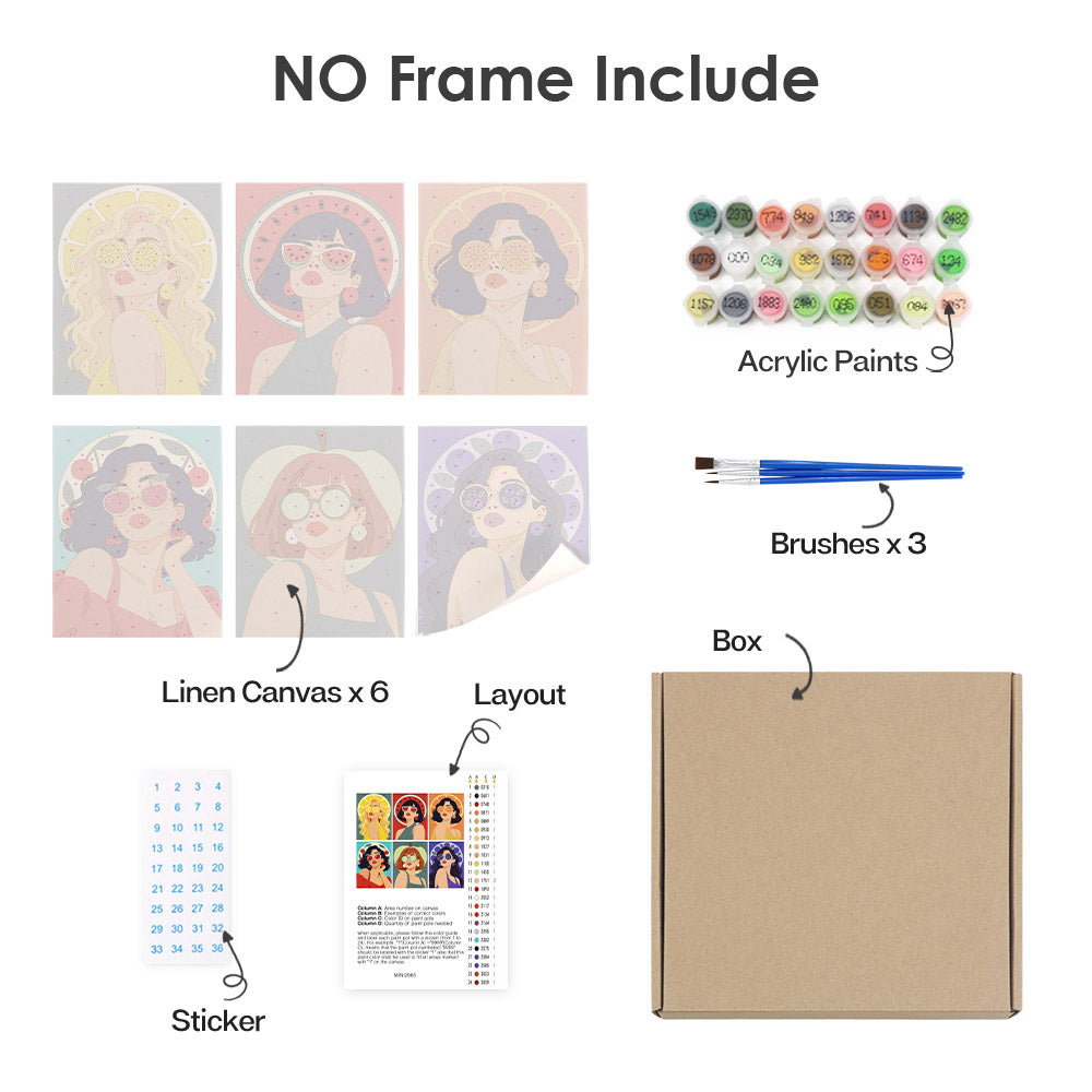 What's included without a frame: six rolled Fruity Shades mini canvases, acrylic paints, three brushes and layout