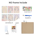 What's included without a frame: six rolled Fruity Shades mini canvases, acrylic paints, three brushes and layout