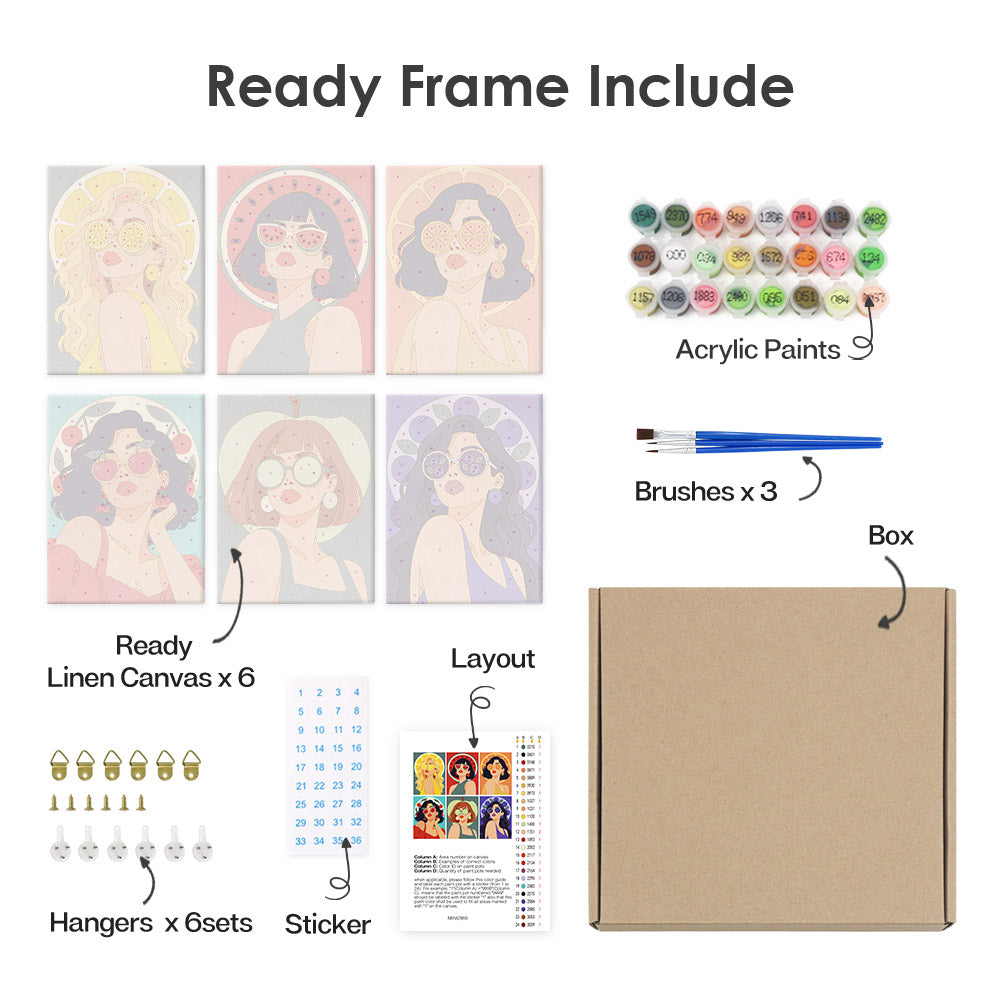 What's included pre-stretched on frame: six framed Fruity Shades mini canvases, paints, three brushes, hangers and layout