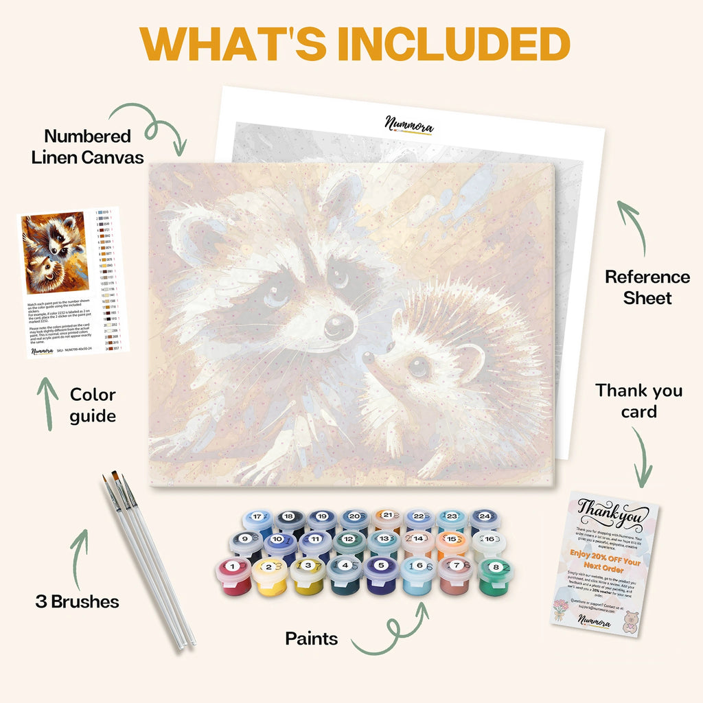 What's included in the Furry Friends paint by numbers kit: numbered linen canvas, reference sheet, color guide, 24 acrylic paints, 3 brushes and thank you card