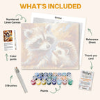 What's included in the Furry Friends paint by numbers kit: numbered linen canvas, reference sheet, color guide, 24 acrylic paints, 3 brushes and thank you card