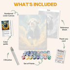 What's included in the Fury of the Mythic paint by numbers kit: numbered linen canvas, reference sheet, color guide, 24 acrylic paints, 3 brushes and thank you card