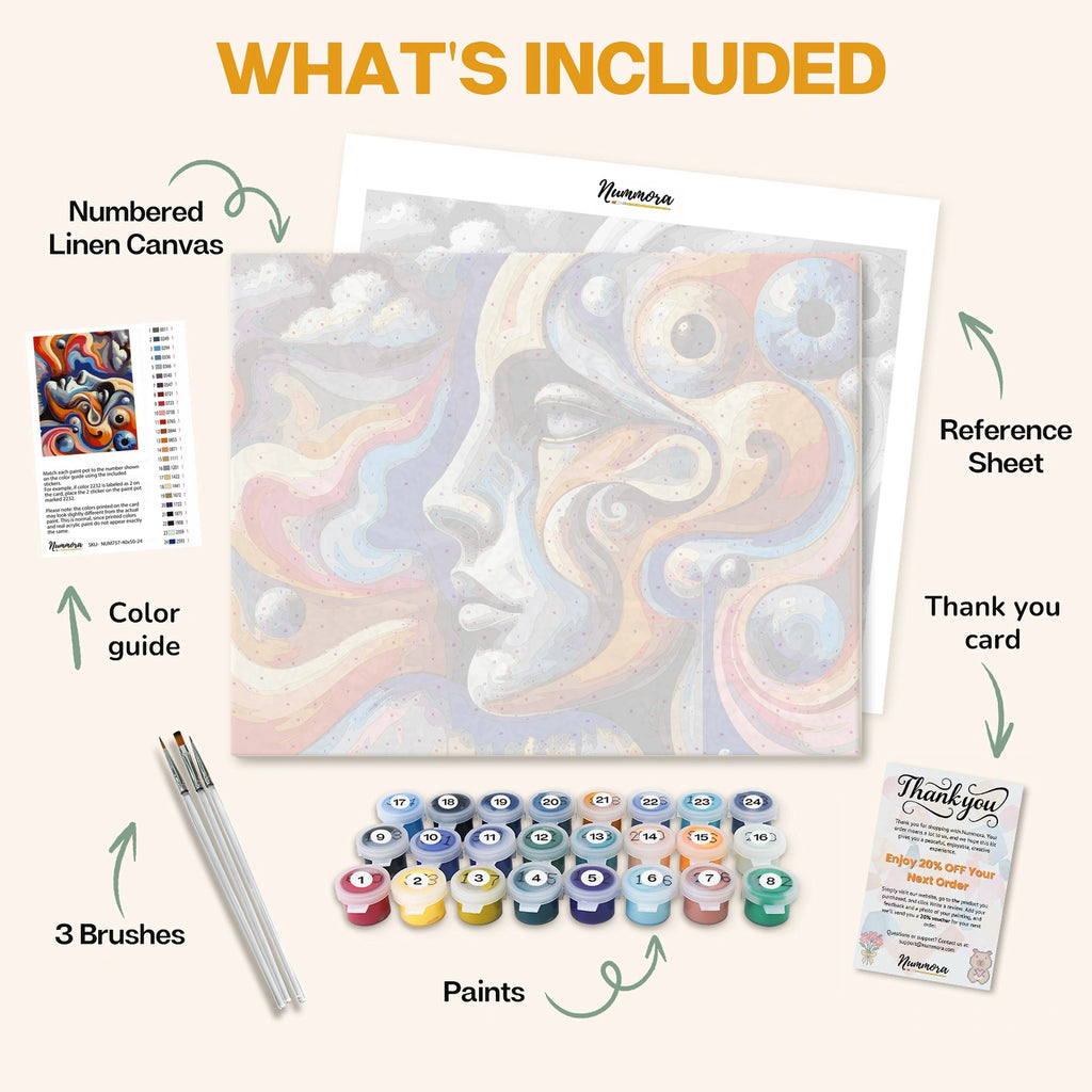 What's included in the Galactic Whispers paint by numbers kit: numbered linen canvas, reference sheet, color guide, 24 acrylic paints, 3 brushes and thank you card