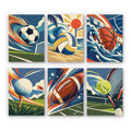 Game On mini paint by numbers set: six designs of soccer, volleyball, basketball, golf, football and tennis balls in motion