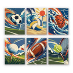 Game On mini paint by numbers set: six designs of soccer, volleyball, basketball, golf, football and tennis balls in motion
