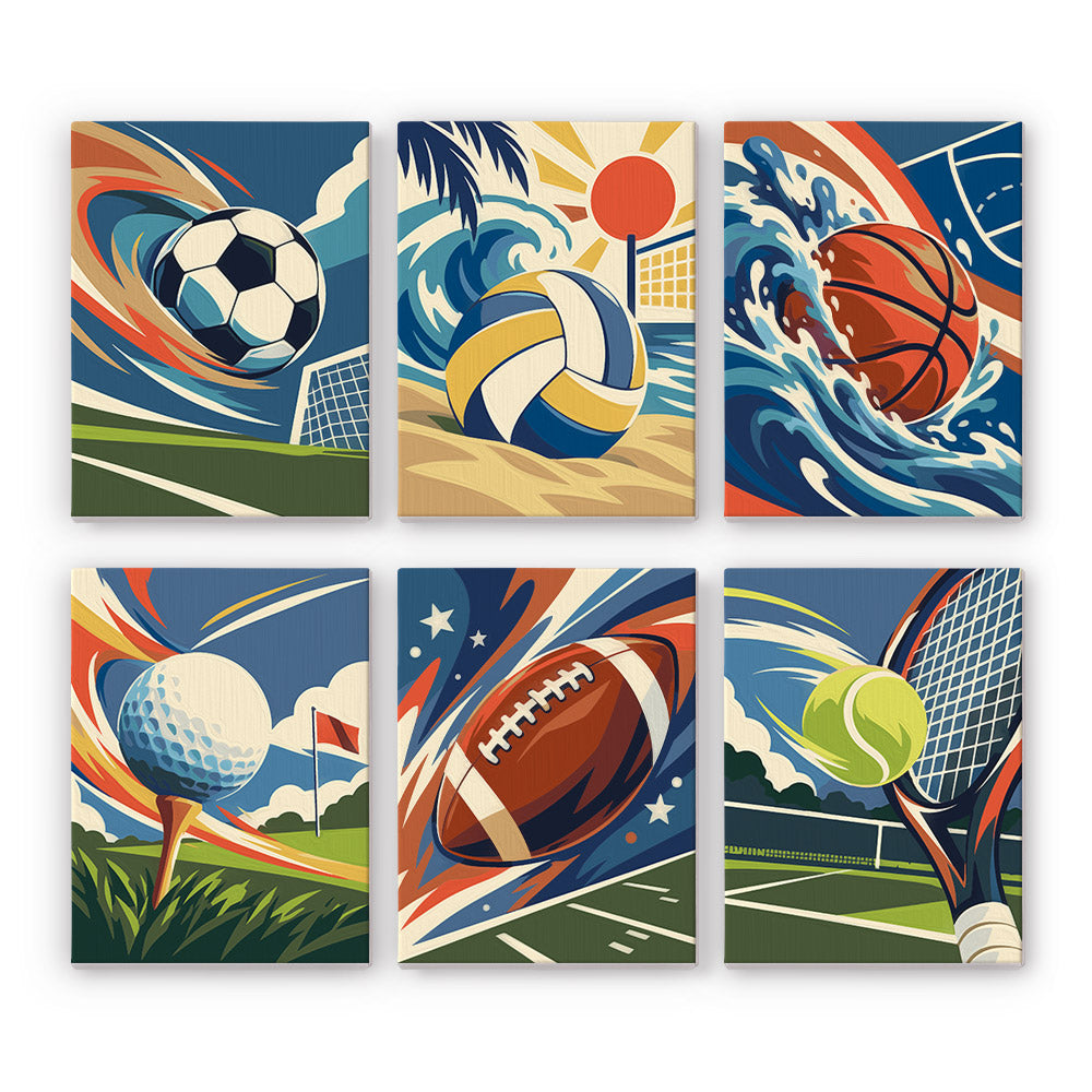 Game On mini paint by numbers set: six designs of soccer, volleyball, basketball, golf, football and tennis balls in motion