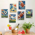 Six finished Game On mini paintings hung on a wall above a table