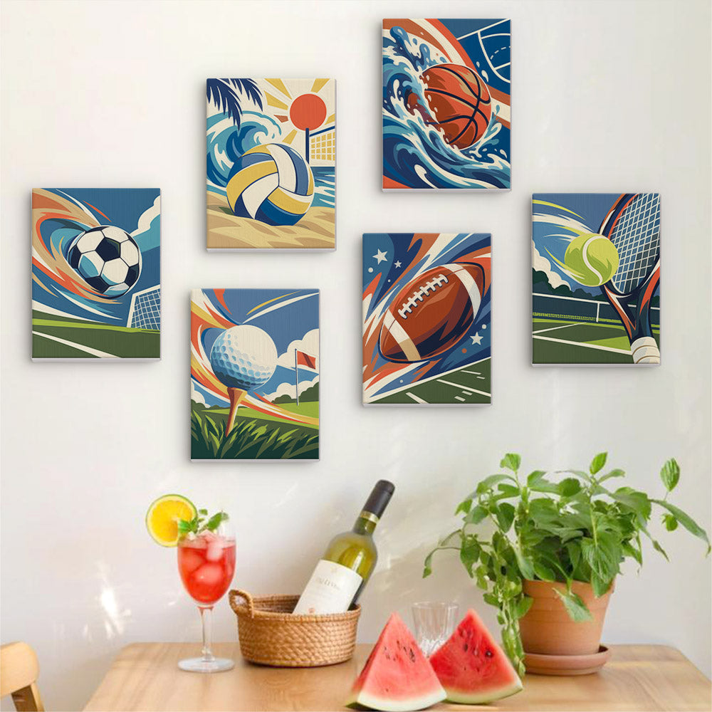 Six finished Game On mini paintings hung on a wall above a table
