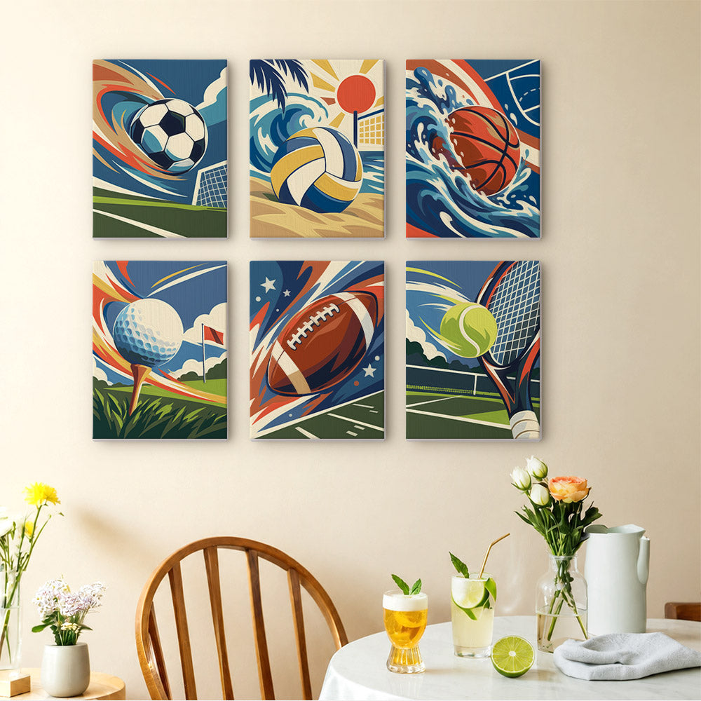 Game On mini paintings displayed as a gallery wall in a sunny kitchen