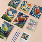 Game On mini paint by numbers kit with six numbered canvases, acrylic paints, brushes and layout