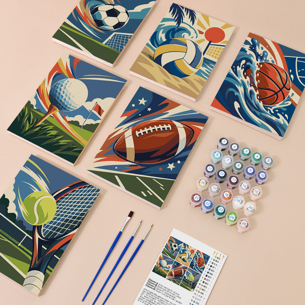 Game On mini paint by numbers kit with six numbered canvases, acrylic paints, brushes and layout