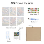 What's included without a frame: six rolled Game On mini canvases, acrylic paints, three brushes and layout