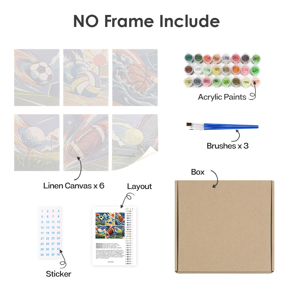 What's included without a frame: six rolled Game On mini canvases, acrylic paints, three brushes and layout