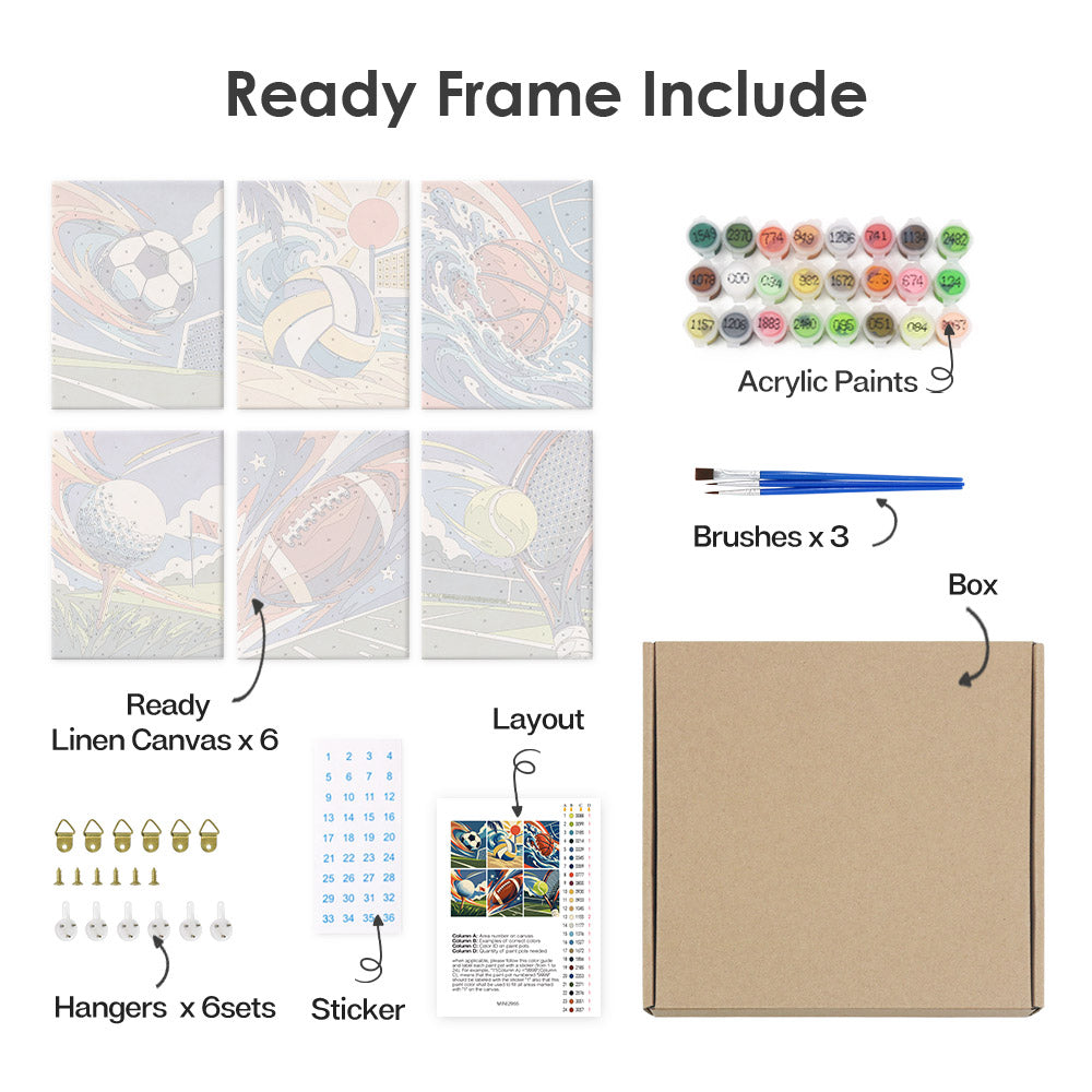 What's included pre-stretched on frame: six framed Game On mini canvases, paints, three brushes, hangers and layout