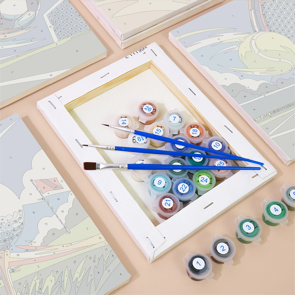 Numbered paint pots and brushes on a pre-stretched Game On mini canvas