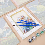 Numbered paint pots and brushes on a pre-stretched Game On mini canvas