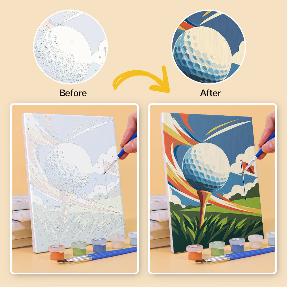 Before and after of a Game On mini paint by numbers canvas