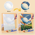 Before and after of a Game On mini paint by numbers canvas
