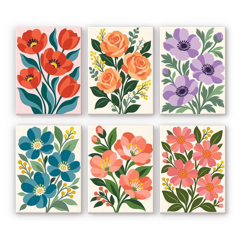 Garden Bouquets mini paint by numbers set: six designs of poppies, roses, anemones, blue blossoms, camellias and daisies