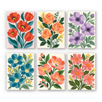 Garden Bouquets mini paint by numbers set: six designs of poppies, roses, anemones, blue blossoms, camellias and daisies
