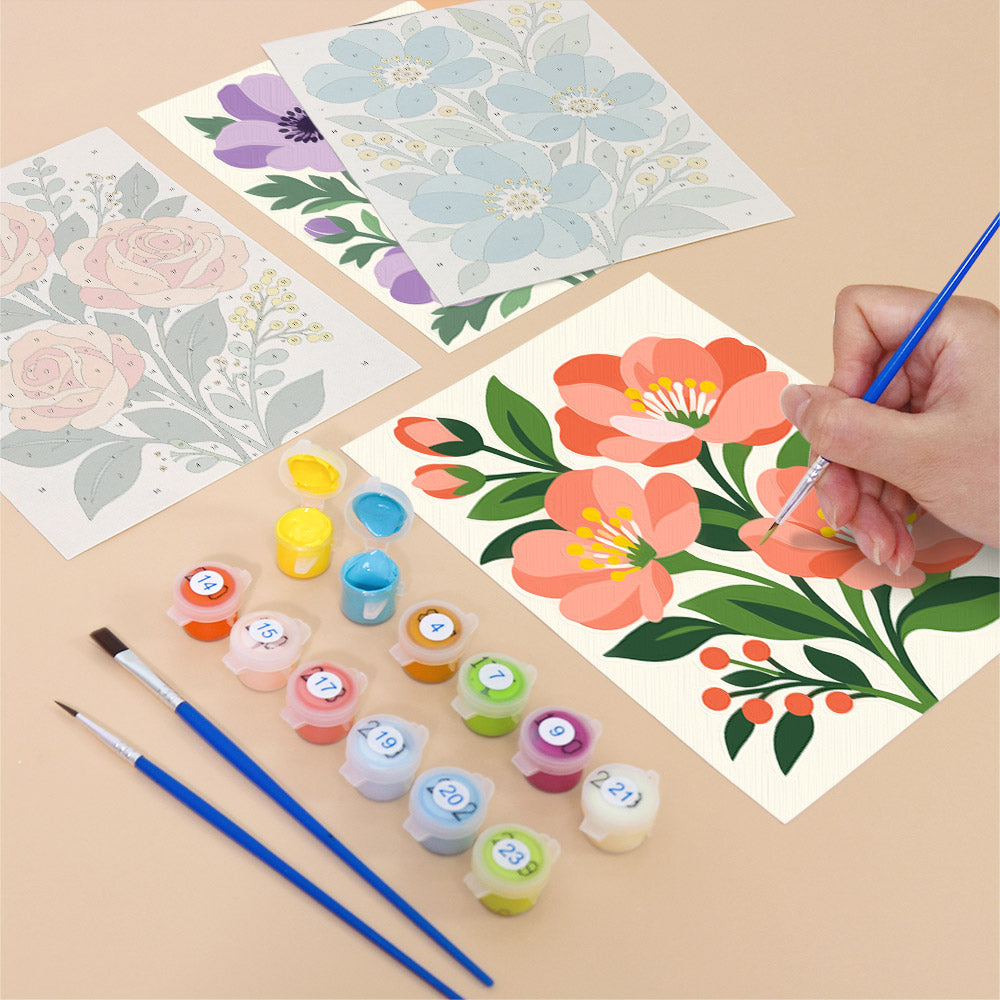 Filling in a Garden Bouquets mini canvas with numbered acrylic paints and a fine brush