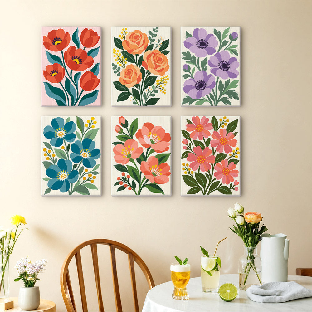 Garden Bouquets mini paintings displayed as a gallery wall in a sunny kitchen
