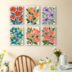 Garden Bouquets mini paintings displayed as a gallery wall in a sunny kitchen