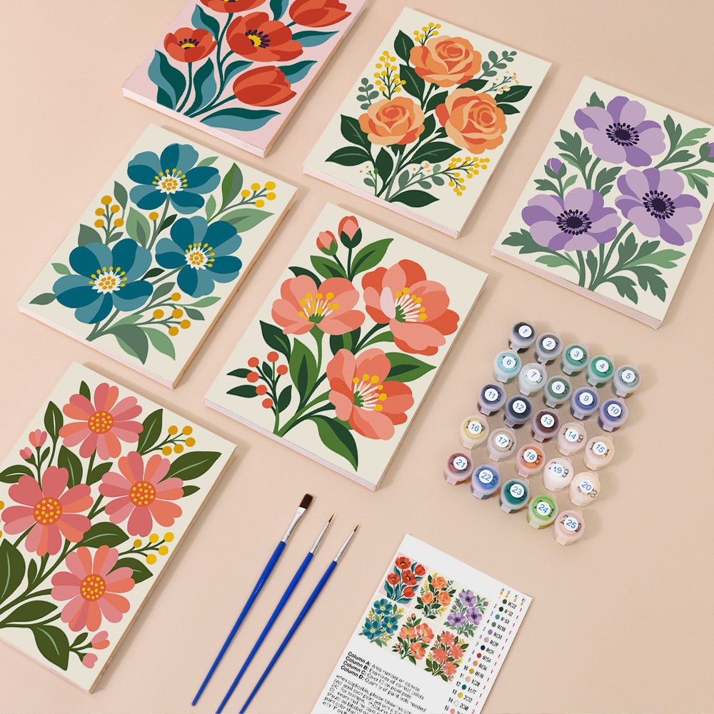 Garden Bouquets mini paint by numbers kit with six numbered canvases, acrylic paints, brushes and layout