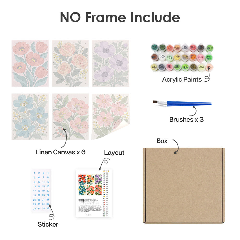 What's included without a frame: six rolled Garden Bouquets mini canvases, acrylic paints, three brushes and layout