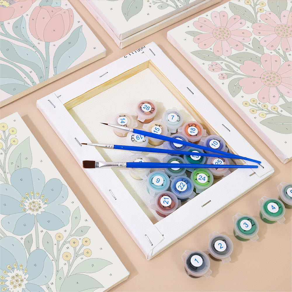 Numbered paint pots and brushes on a pre-stretched Garden Bouquets mini canvas