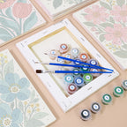 Numbered paint pots and brushes on a pre-stretched Garden Bouquets mini canvas