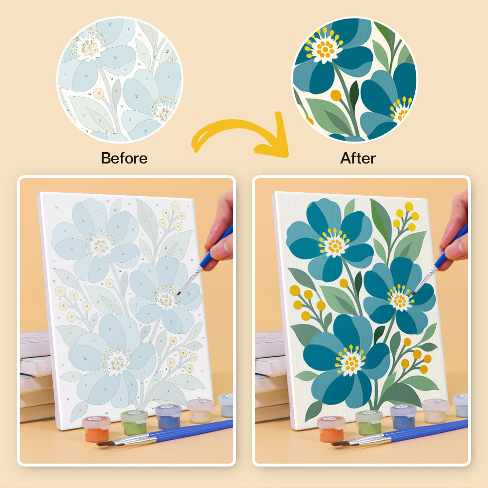 Before and after of a Garden Bouquets mini paint by numbers canvas