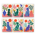 Garden Cats mini paint by numbers set: six patterned cats among coral leaves, vases and red suns