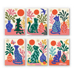 Garden Cats mini paint by numbers set: six patterned cats among coral leaves, vases and red suns