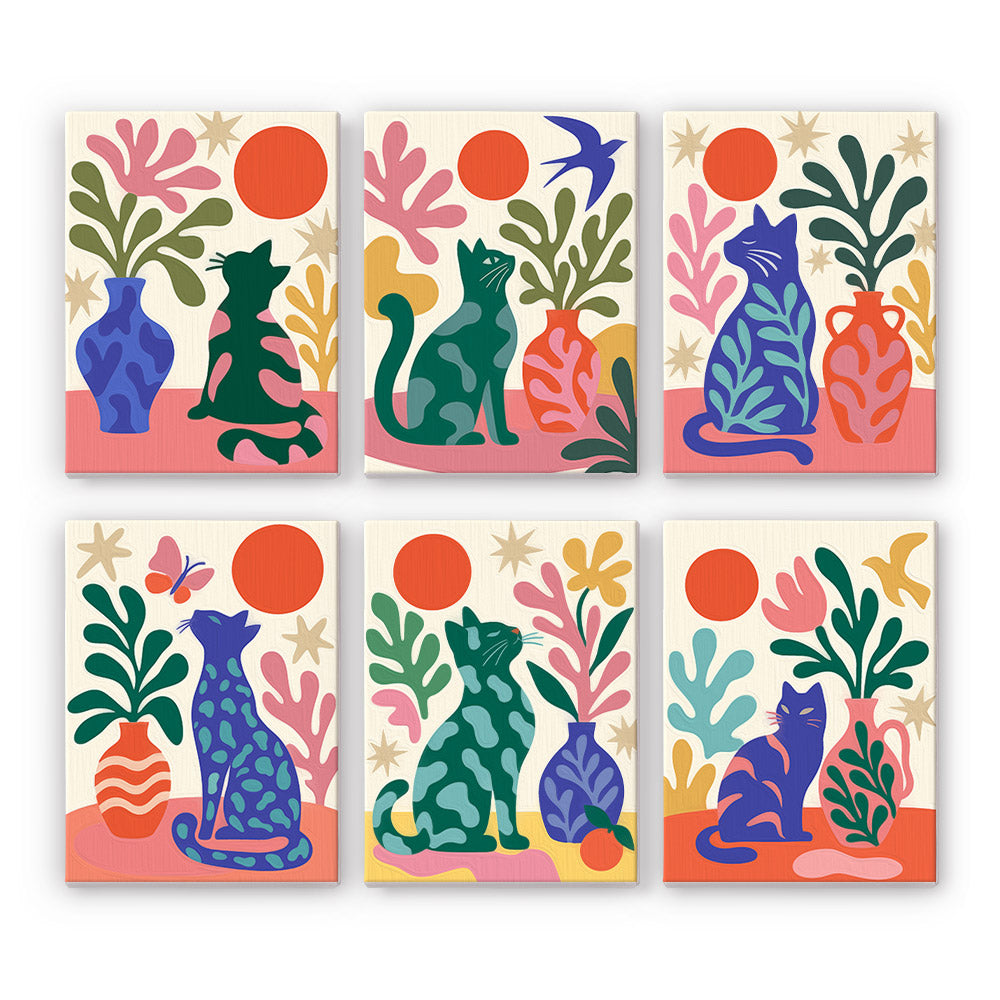 Garden Cats mini paint by numbers set: six patterned cats among coral leaves, vases and red suns