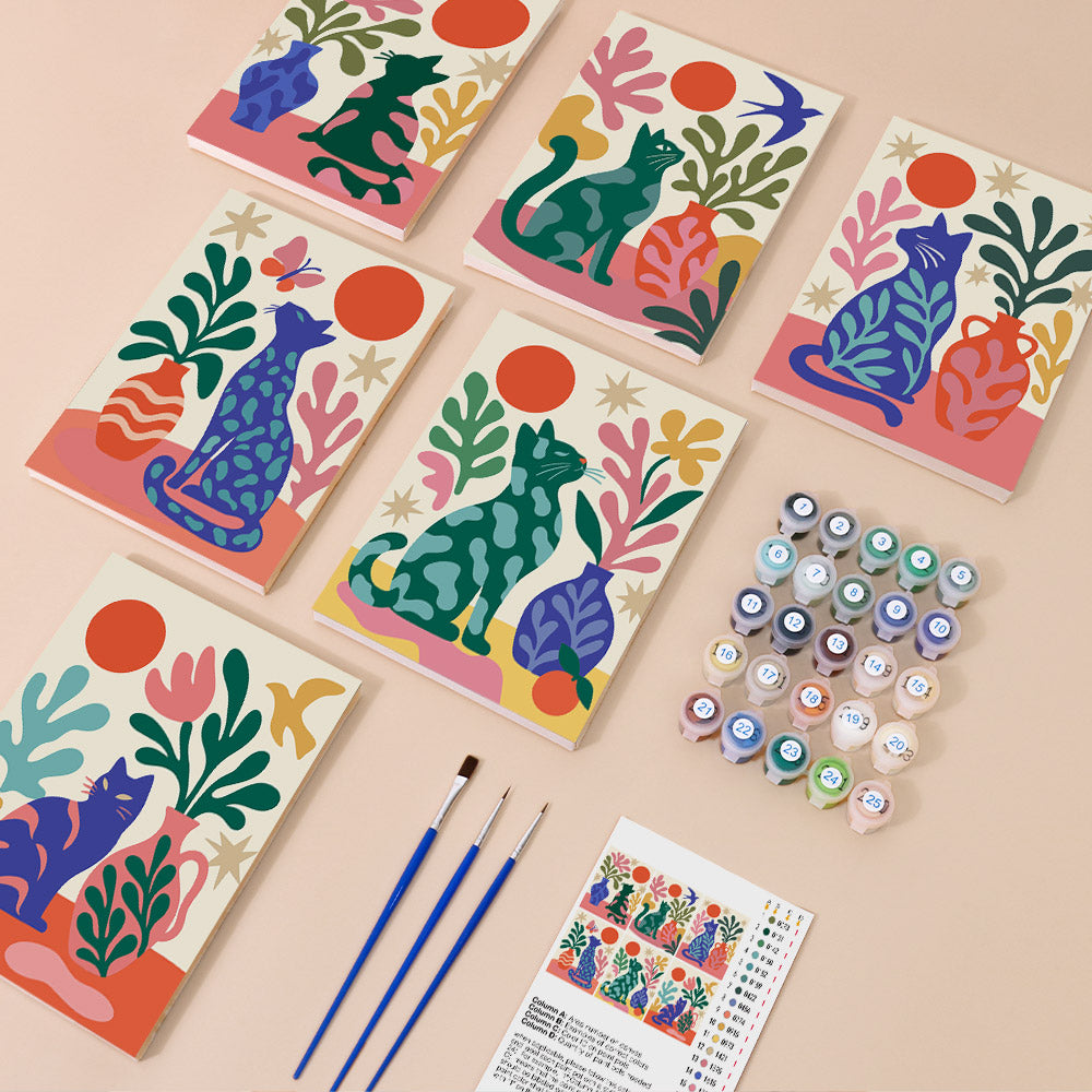 Garden Cats mini paint by numbers kit with six numbered canvases, acrylic paints, brushes and layout